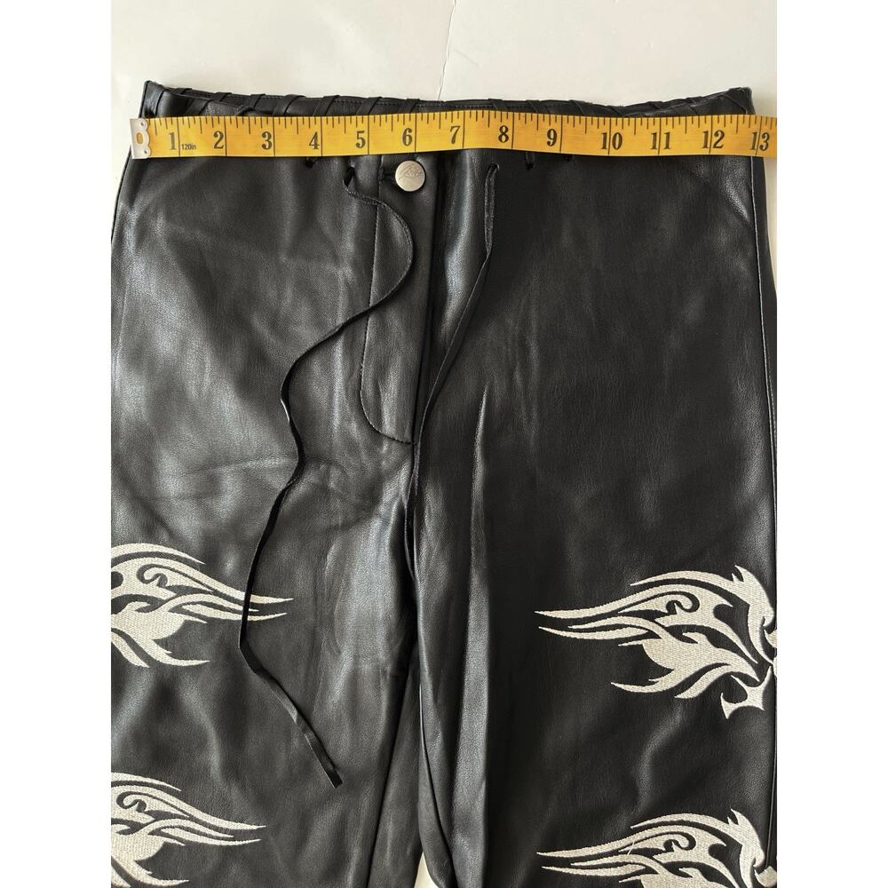 I AM GIA Faux Leather Pants Women 26x32 Black Embroidered Raw Hem Stretch Biker - Picture 6 of 11